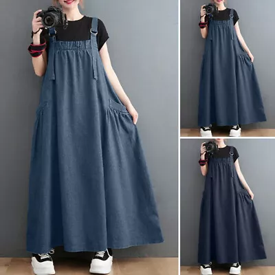 UK Women Strappy Denim Look Pinafore Long Shirt Dress Casual Loose Overalls Robe • £24.69