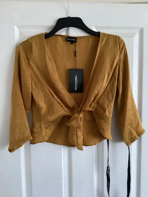 £2.99 • Buy Prettylittlething Mustard Brown Tie Front Frill Crop Top Size 6 BNWT