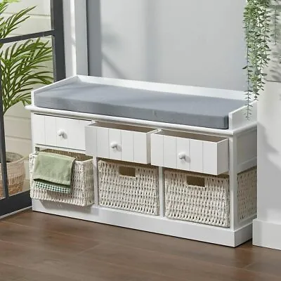 Hallway Entryway Shoe Bench Cabinet With Cushion Window Seat And Wicker Basket • £39.95