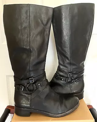 Via Spiga Black Leather Tall Riding Boots Block Heel Double Straps Size 10 • $45
