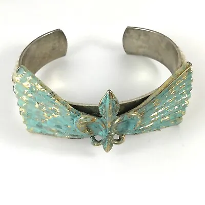 Women’s Metal Bracelet With Vintage Fleur De Lis Turquoise Colored Jewelry Piece • $16.99