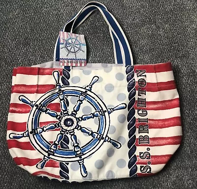 Sail Away With Ss Brighton Large Canvas Tote Hand Printed Nautical Beach Bag Nwt • £24.95