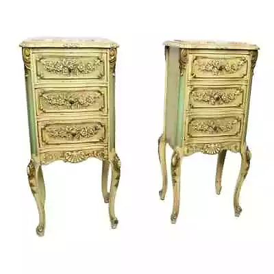 Tables Side Venetian Style (2) Pair Of Mid Century Carved Wood 3 Drawers! • $1465