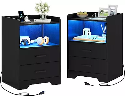 Nightstands Set Of 2 With Charging Station And LED Lights Modern Bedside Table • $99.97