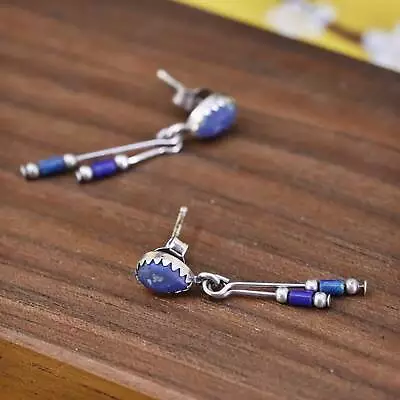 Native American Navajo Sterling 925 Silver Earrings With Lapis Lazuli Bead • $32.40