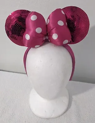 Disney Parks Minnie Mouse Ears Pink Sequins Headband Polka Dot Bow • $14.99