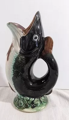 FABULOUS VINTAGE MAJOLICA LEAPING GURGLING FISH 9.5  PITCHER/JUG/POT/VASE Marked • $55