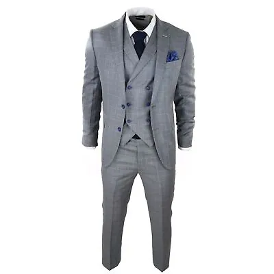 Mens Light Grey 3 Piece Suit Blue Check Double Breast Waistcoat Office Wedding  • £109.99