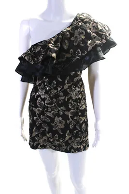 Majorelle Womens Embroider Sequin Ruffled One Shoulder Zipped Dress Black Size S • $42.01