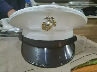 USMC Dress Blues Marine Hat - With Carrying Case - White Vinyl - Never Worn • $106.38