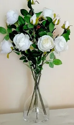 *new! Tall Stunning Artificial Flowers Silk White Roses Vase Arrangement • £43.99