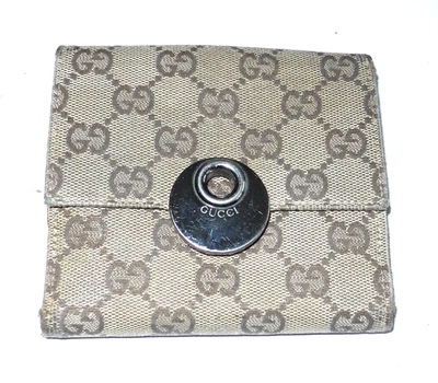 $29.99 • Buy Auth Gucci Brown Monogram Fabric/brown Leather Logo Bi-fold Wallet- Italy-charm