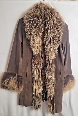 BEBE Genuine Suede Leather W/ 100% LAMB FUR Trim Vintage Y2K Coat Sz. LG Jacket • $249.95