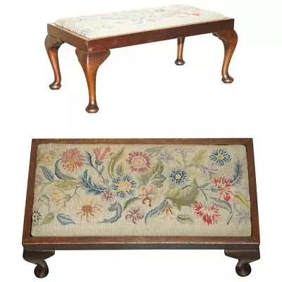 Antique Edwardian Walnut Cabriole Legged Footstool Embroidered Upholstery • £950