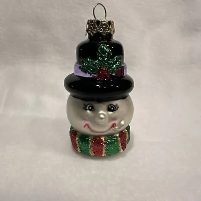 Vintage Hand Blown Glass Snowman Ornament Brass Top Colorful 4” Top Hat Shiny • $12.95