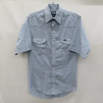 Vintage Wrangler Men's Western Pearl Snap Shirt 14.5 Blue Chambray Short Sleeve • $16.79