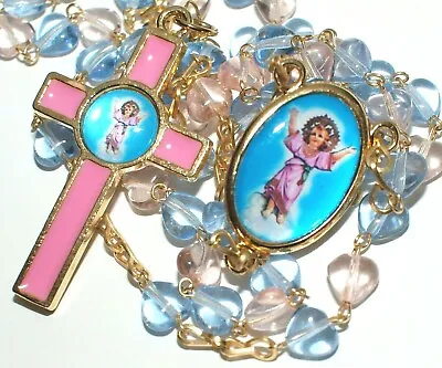 Divine Child Jesus Rosary Necklace Glass Beads Pink Blue  • $17.93