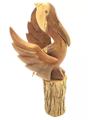 Vintage Hand Carved Pelican Bird Wooden Wood Base Moveable Wings Coastal Beach • $24.99