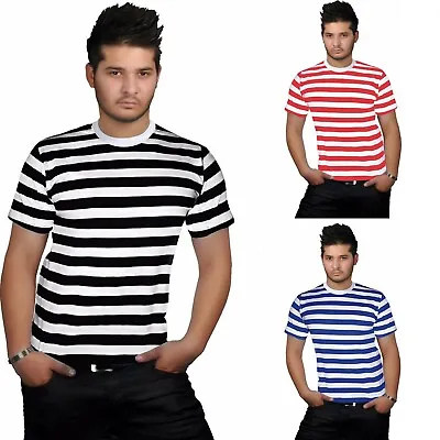 Mens Stripped Top Shirt Stag Do Fancy Dress Short Sleeve Cotton Stripe T-shirts • £7.99