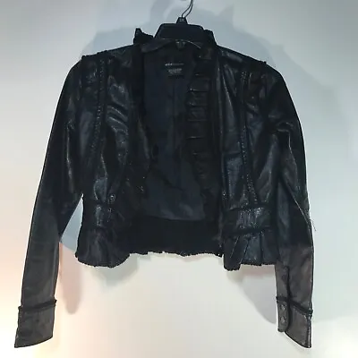 Moda International Black Genuine Leather Cropped Ruffle Jacket Womens Size S • $49.99