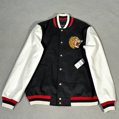 Sean John Jacket Mens XL Black Varsity Wool Faux Leather Lion Patch Streetwear • $54.99