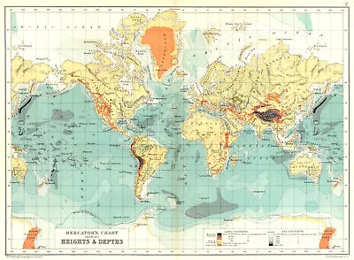 WORLD. Mercator's Chart Showing Heights & Depths 1909 Old Antique Map • $14.92