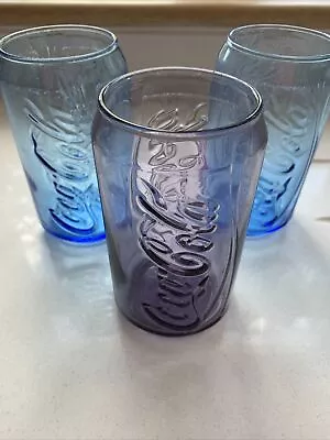 3 Vintage Coca Cola Advertising Can Shaped Drinking Glasses Blue & Purple • £4.50