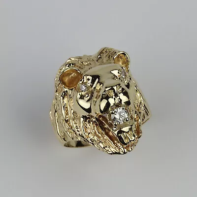 Large 14k Yellow Gold 0.35 Carat Diamond Mens  Lion Head  Ring Size 13.5 • $1599