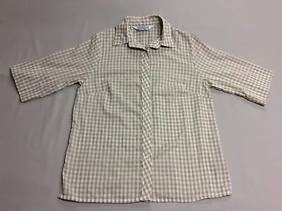 Vintage 80s Lite Beige Picnic Plaid Checkered A2 Button Down Shirt Womens Medium • $1.99