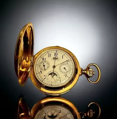 18K Gold Minute Repeater Full Calendar Moon Phase Vintage  Pocket Watch Large 55 • $18000