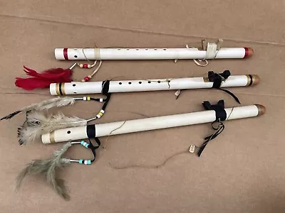 LOT OF HANDMADE Native American 19  WHITE FLUTES LEATHER FEATHERS BEADS  A KEY  • $105