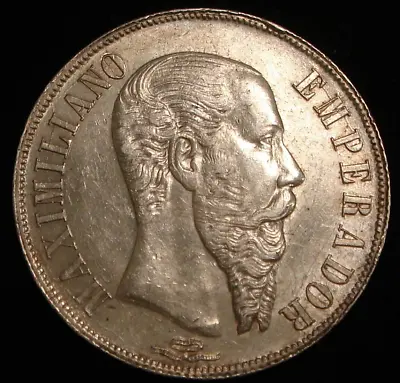 1866 Mo MEXICO Maximilian Silver 1 Peso AU+ Details-some Hairlines From Cleaning • $798