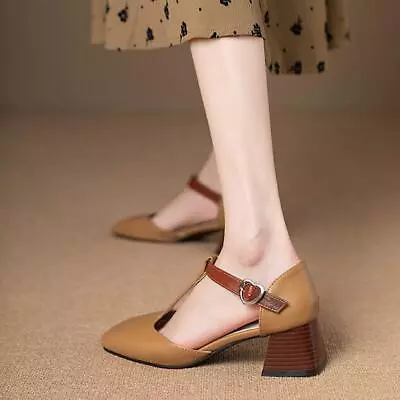 Fashion T-Strap Shoes Womens Chunky Block Mid Heels Square Toe Shoes OL Pumps • $45.54