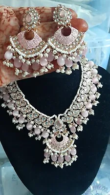 Indian Pakistani Baby Pink Kundan Meenakari Choker Necklace Earrings Tikka Set  • $59.37