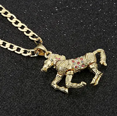 £37.99 • Buy Gold 18K GF Horse Pendant Pink CZ Stones Cuban Chain Gift Women Girls Filled