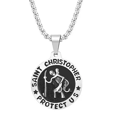 Mens St Saint Christopher Medal Pendant Necklace Stainless Steel Amulet Chain • $11.99