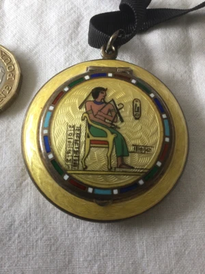 £595 • Buy 1928 Art Deco Egyptian Revival Silver Guilloche Enamel Powder Compact Pendant
