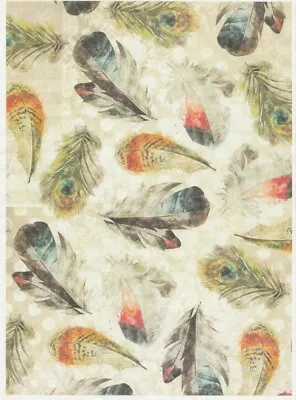 Rice Paper For Decoupage Scrapbook Craft Sheet Colourful Feather Beige • £2.10