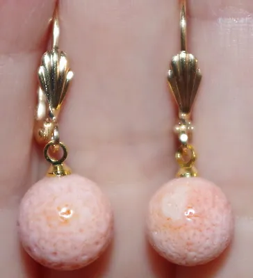 Vintage Gorgeous 14k Gold Filled 10 Mm Pink Angel Skin Sea Coral Earrings • $30