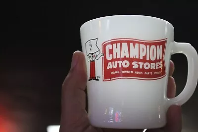 Rare Vintage Champion Auto Stores Fire King D Handle Coffee Mug Milk Glass Sign • $0.99