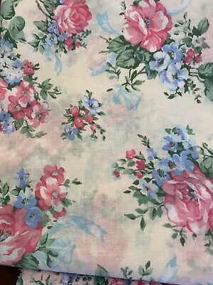 Vtg Peter Pan Cotton FABRIC PINK Cabbage Roses Blue Ribbons Florals 1 Yd 42  W • £6.74