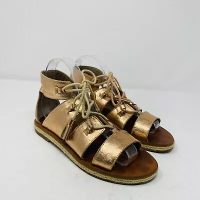 Lucky Brand Sz 6.5 Dristel Lace Up Leather Gladiator Sandals Rose Gold Metallic • $25.99