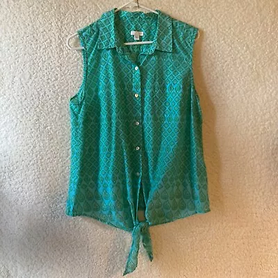 J Jill Womens L Green Blue Patterned 6 Button Blouse Breast Pocket Sleeveless • $11.95