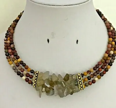 Three Strand Memory Wire Necklace With Agate Nuggets & Mookaite Beads • $19.92