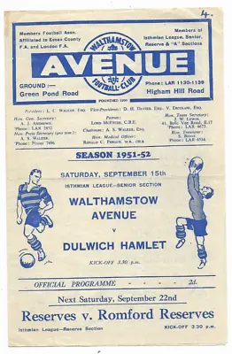 1951/52 Isthmian League - WALTHAMSTOW AVENUE V. DULWICH HAMLET • £3.99