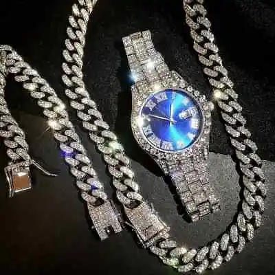 Lab Diamond Luxury Watch & Iced Cuban Chain Necklace & Hip Hop Bracelet Gift Set • $17.99
