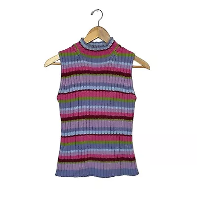 Vintage MODA International Y2K Striped Mockneck Sleeveless Sweater Vest Top Medi • $25