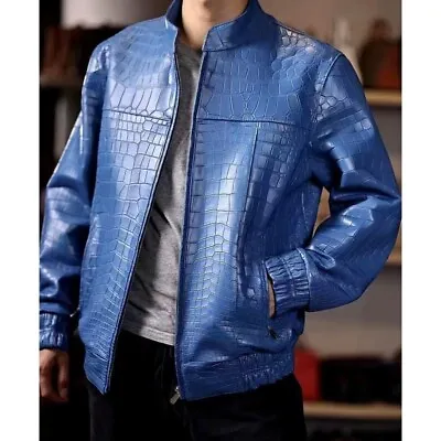 Abez Men's Blue Crocodile Embossed Bomber Motorcycle Alligator Print Jacket • $172.11