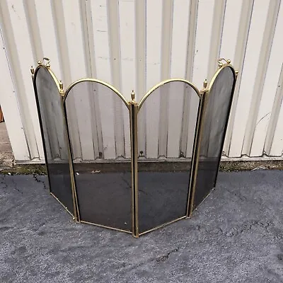 Antique Brass Arched Fireplace Screen Mesh Foldable 4 Panel Hollywood Regency • $239.40