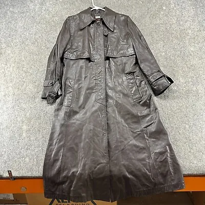 VINTAGE Leather Trench Coat Womens Small Brown Long Genuine Real Pleated 70s 80s • $74.95